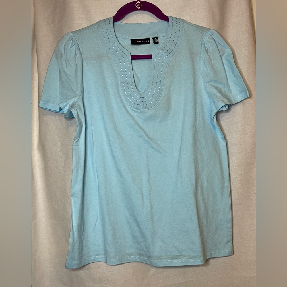NWT Rafaella Light Blue Short Sleeve VNeck Blouse w/ Decorative Collar Size S